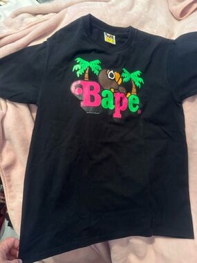Bape Black Short-Sleeve Logo Tee with Pink & Green Graphic